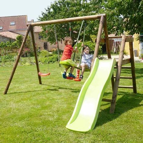 SOULET Balançoire En Bois Traité 3 Agrès Et Toboggan Figue – Image 2